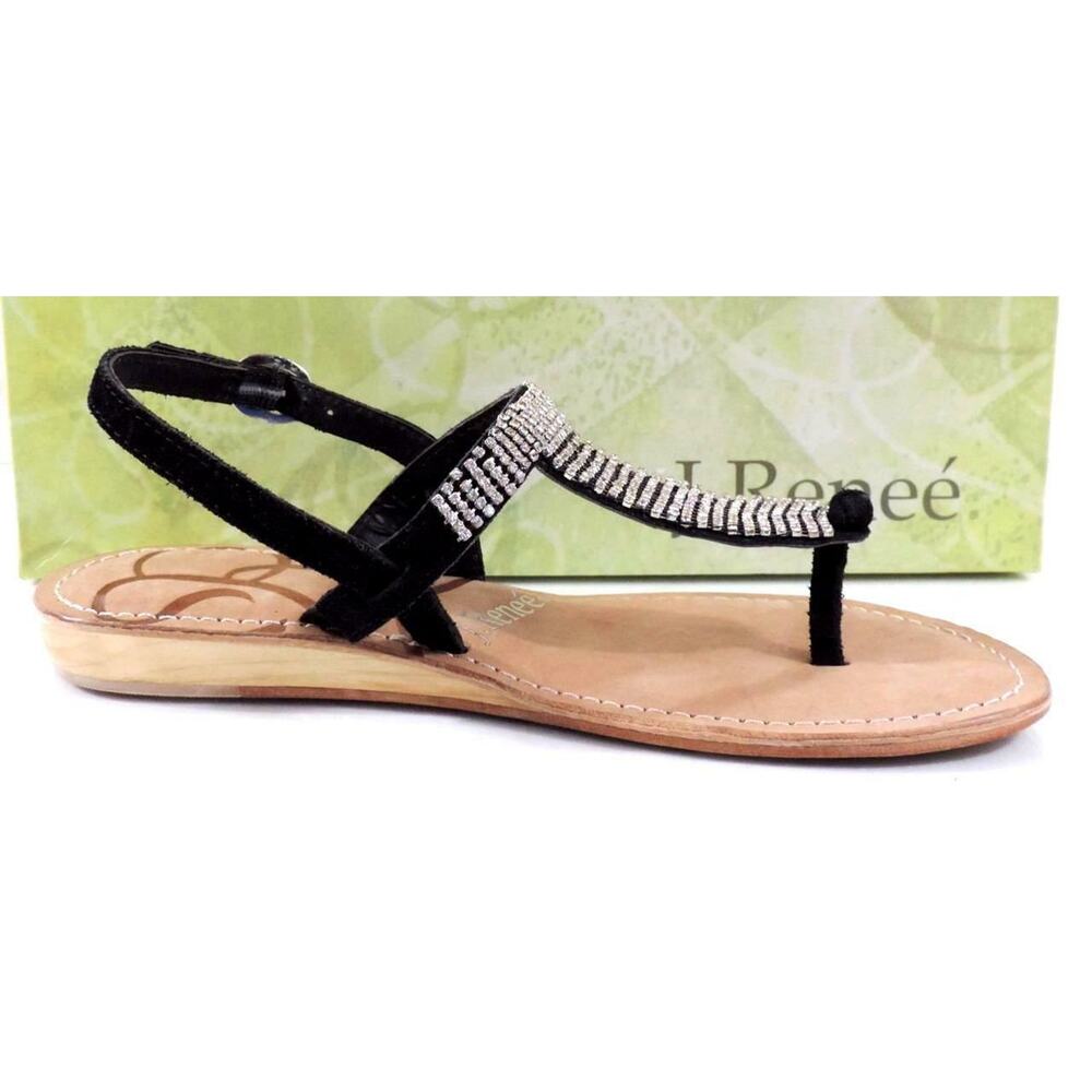 Women's J.Renee Stella Low Wedge T-Strap Sandals Rhinestone Suede Black Size 7.5 - Picture 4 of 9